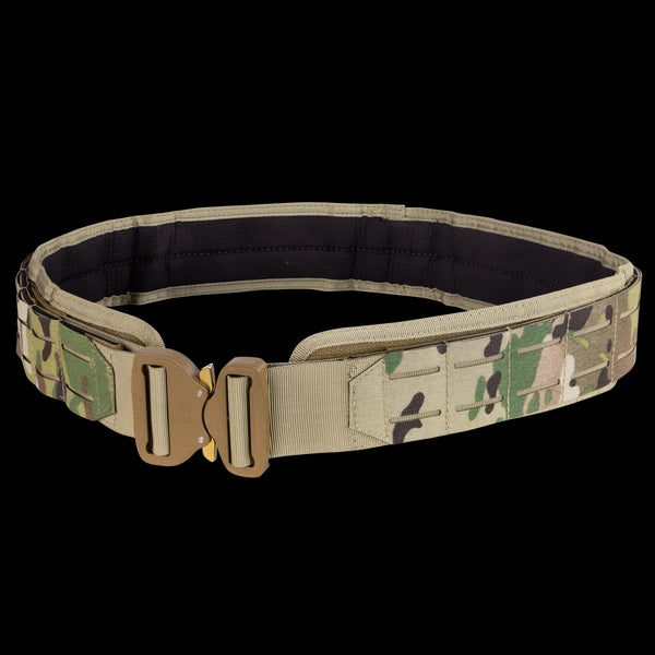 The Condor LCS Cobra Gun Belt in MultiCam features a durable metal buckle and camouflage pattern, making it ideal for outdoor or military use.